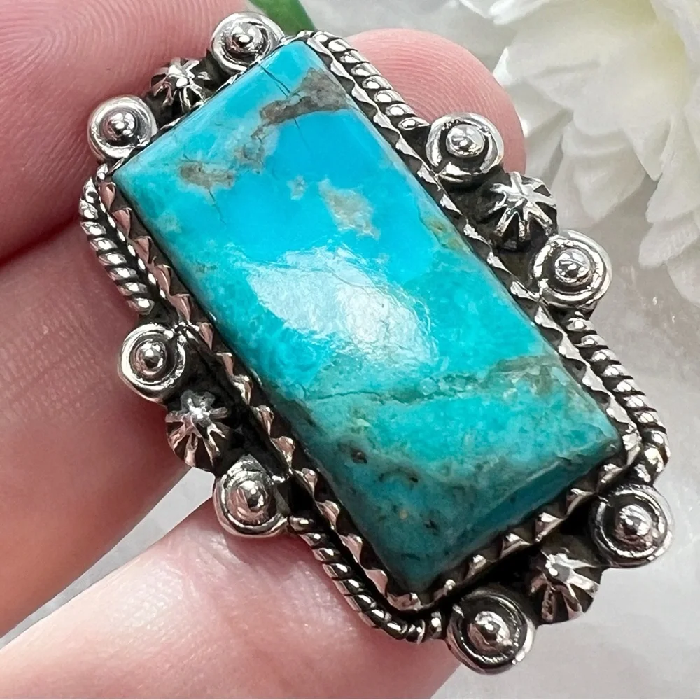 Genuine Mohave Turquoise Ring Size 8 Solid Sterling Silver 925 Native Southwest - Picture 5 of 10